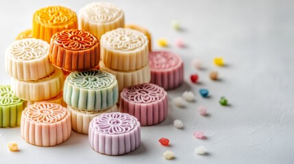 Traditional Mini Mooncakes with Various Fillings on White Background, Perfect for Mid-Autumn Festival Celebrations Generative AI