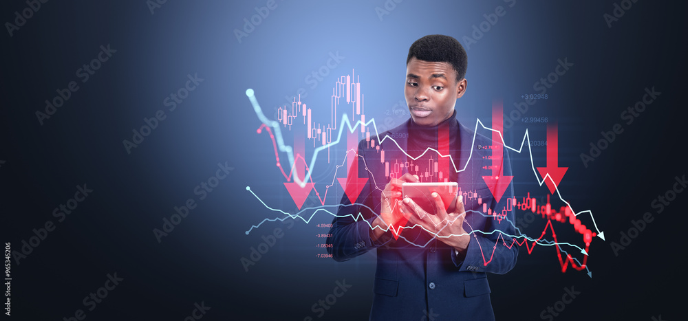 Poster man analyzing financial data on a tablet with stock market graph