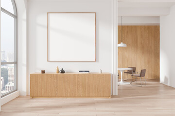 Stylish home living room interior with eating table and window, mockup frame