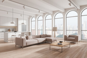 Modern kitchen and living room interior with city view. 3D Rendering