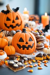 Vertical display of jack-o'-lanterns surrounded by Halloween-themed sweets, candy corn, cupcakes, and pumpkins with lit candles. Cozy festive Halloween decor concept