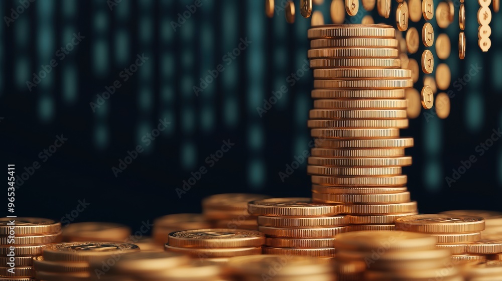 Poster wealth rain: gold coins falling on digital binary background in with copy space, selective focus, an