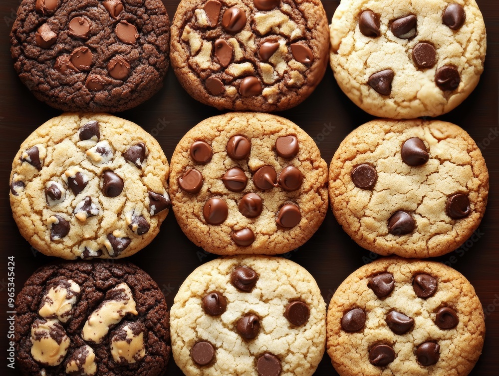 Poster assorted chocolate chip cookies in a pattern, soft natural light generative ai