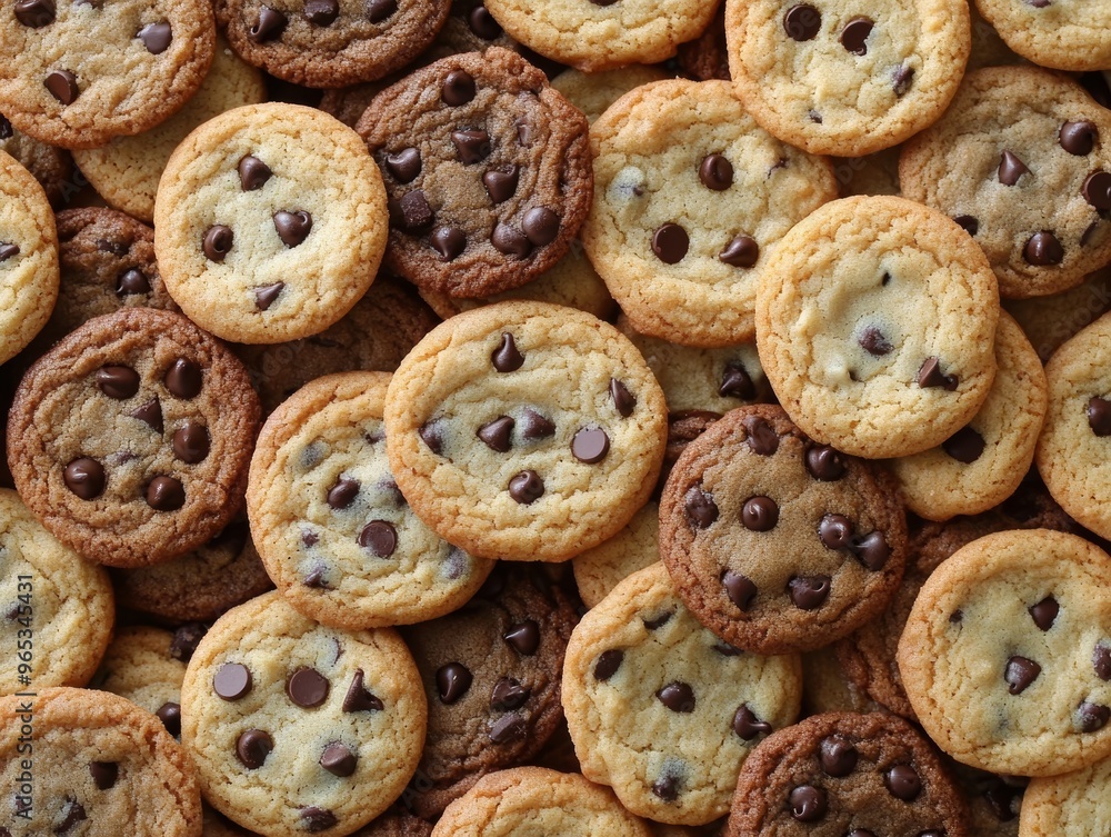 Poster assorted chocolate chip cookies in a pattern, soft natural light generative ai