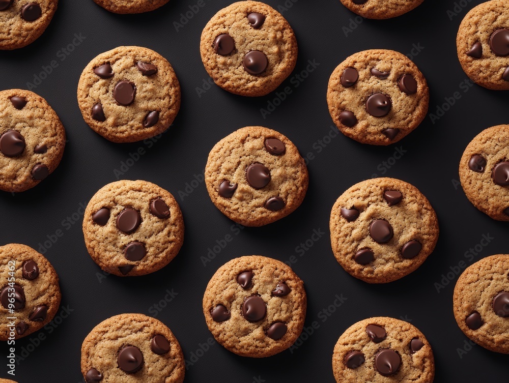 Poster assorted chocolate chip cookies in a pattern, soft natural light generative ai