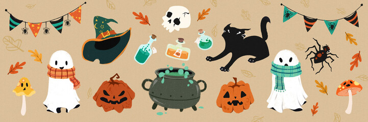 Drawn style. Mix of ghosts, pumpkins, and spooky ingredients in witchy Halloween-themed set for sticker lovers. Concept of autumn events, festive mood, spooky and festive mood.