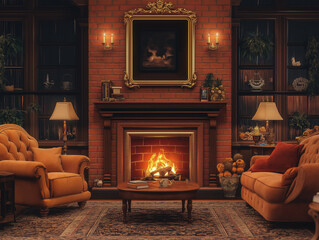 The illustrate of cozy interiors with fireplaces