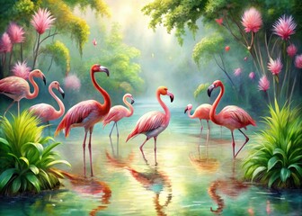 Fototapeta premium Vibrant pink flamingos wade through dreamy, soft-focus watercolor wetlands, surrounded by lush greenery and subtle brushstrokes, evoking a sense of serene tropical tranquility.