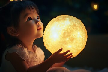 Naklejka premium Child Holding Paper Lantern Looking Up at the Moon in a Festival Street Scene Generative AI