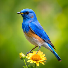 Obraz premium A blue bird sits on a flower with a green background