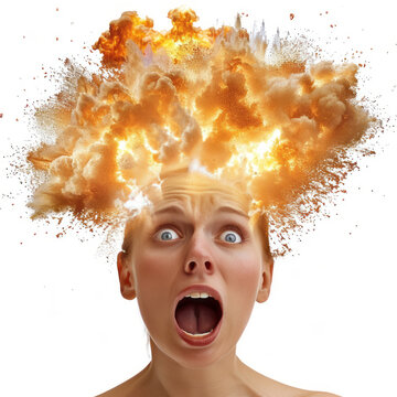 A shocked woman with an exploding head is isolated on a white background.
