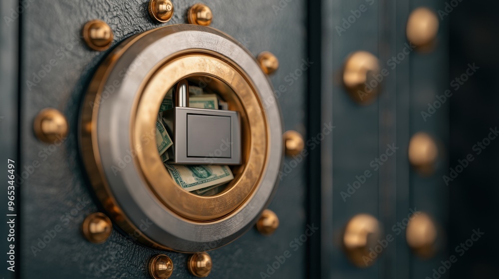Poster secure bank vault with digital code lock - with money inside, copy space, and selective focus in