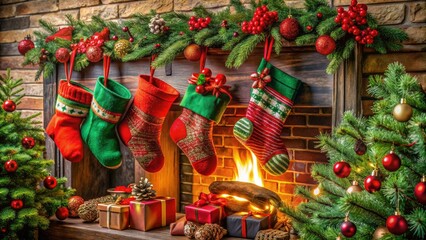 Vibrant red and green Christmas stockings hang by the chimney with care, overflowing with gifts, toys, and treats, surrounded by festive holiday decorations and evergreen branches.