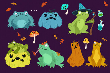 Drawn style. Adorable frogs, pumpkins, and mushrooms create a whimsical Halloween sticker collection. Concept of autumn events, festive mood, spooky and festive mood.