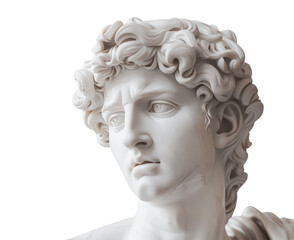 A white marble figure of a male with curly hair against a transparent background.