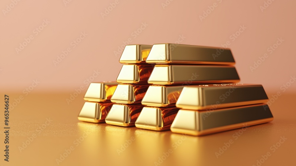 Poster shiny gold bars stacked in a digital wealth concept space - with copy space and selective focus | qu
