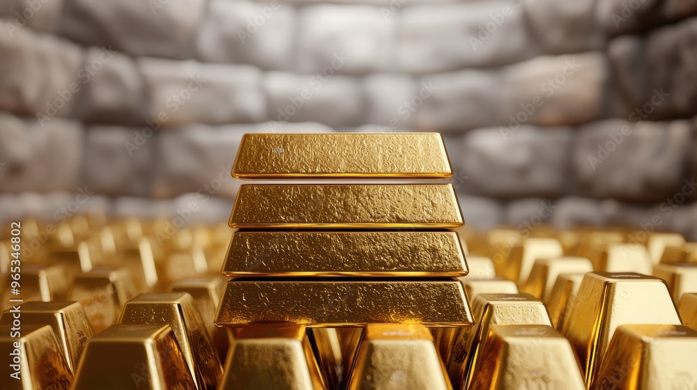Poster digital wealth: shiny gold bars stack in a digitized space - with copy space for financial concepts,