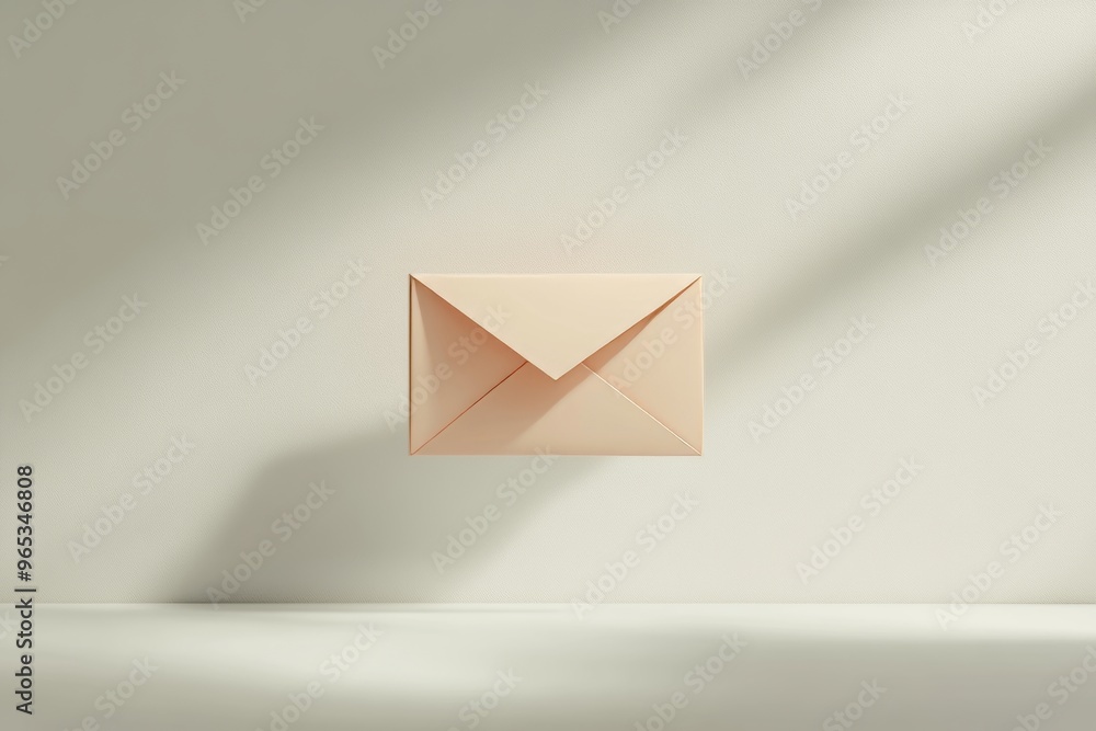 Poster minimalist desk setup with floating envelope icon, soft ambient lighting generative ai