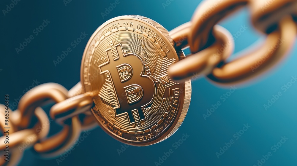 Poster digital blockchain chains encircling virtual coins in with copy space, selective focus, and detail