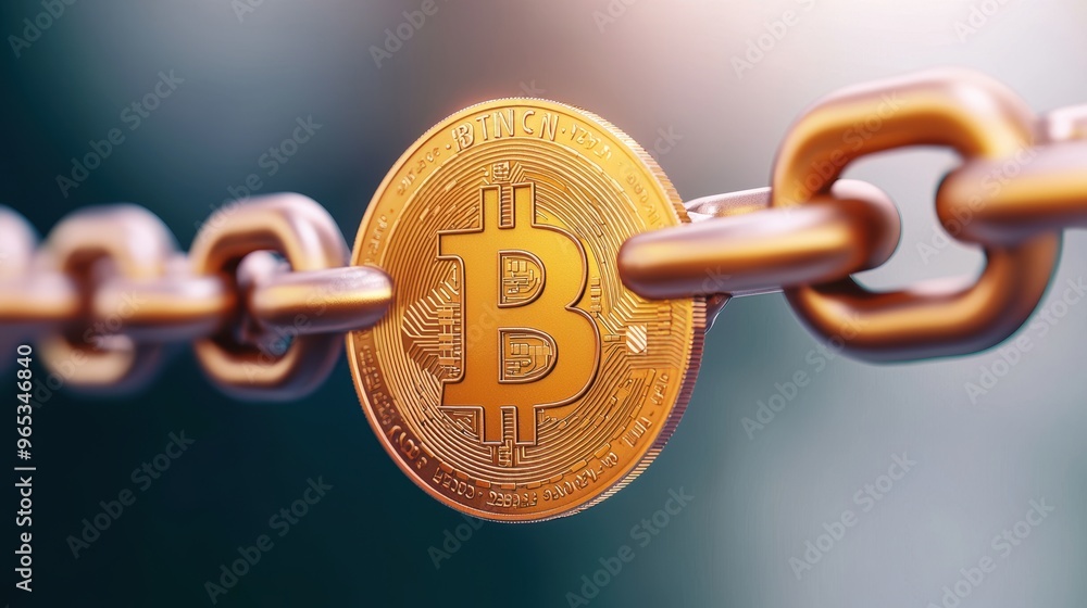 Aufkleber digital coins surrounded by blockchain chains in with copy space, selective focus, and quality