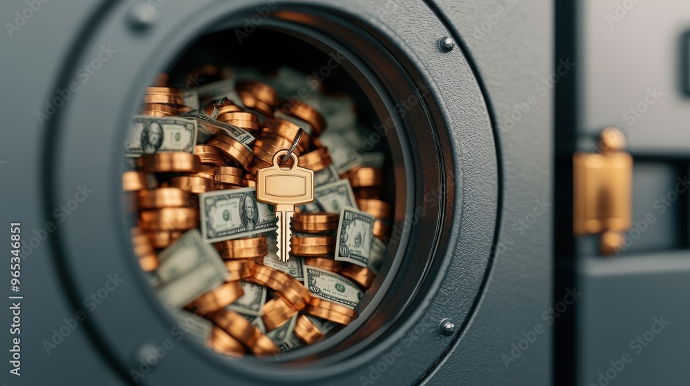 Poster unlocking the digital vault of wealth - with copy space and selective focus on money keys