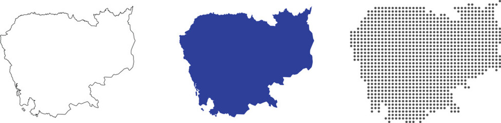 Cambodia map detailed in outline, blue color, dotted style