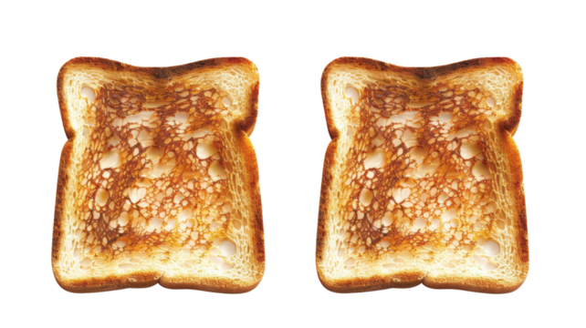 Two slices of toast against a transparent background, embodying simplicity and minimalism.