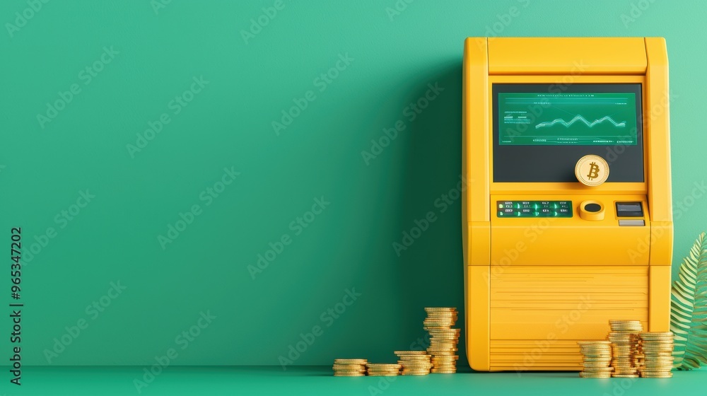 Poster digital currency innovation - futuristic atm dispensing coins in with copy space and selective focus