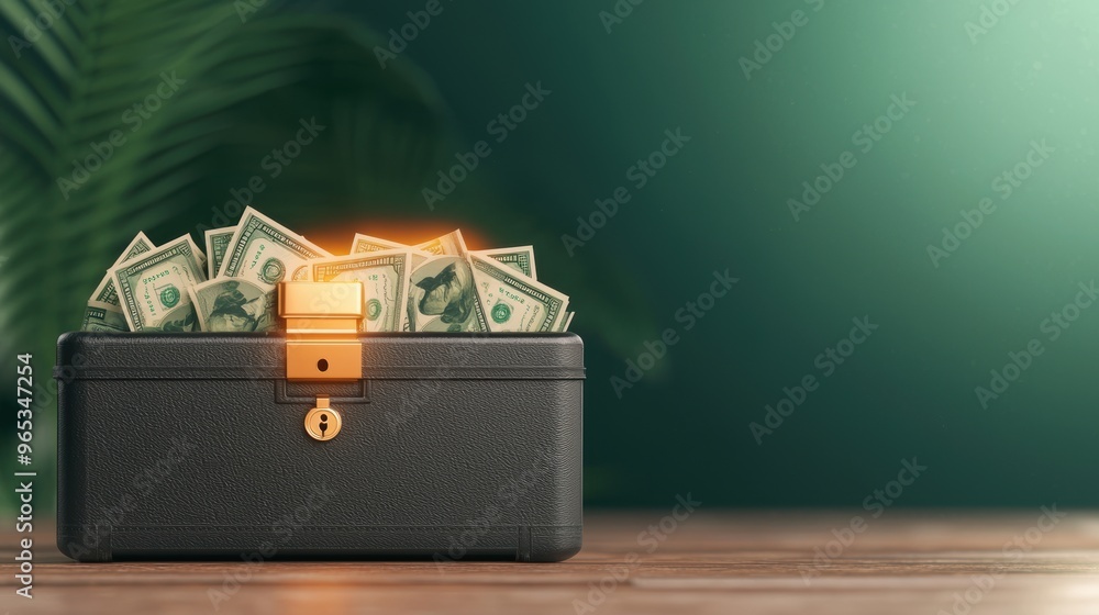 Poster illuminated digital briefcase overflowing with cash - selective focus with copy space for text in