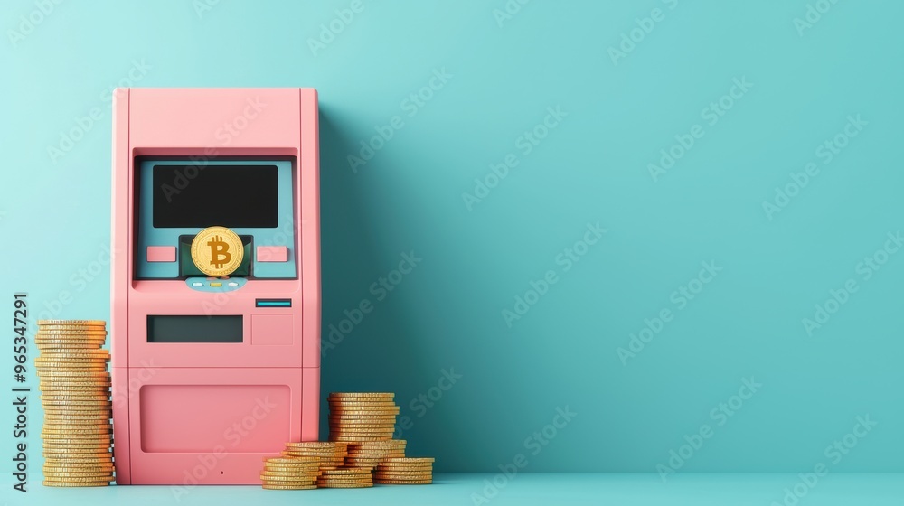Aufkleber digital currency dispensing: futuristic atm generating coins with copy space, selective focus -