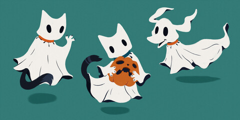 Drawn style. Cute ghost cats playfully interacting with jack-o'-lantern, bringing lighthearted spooky charm to stickers. Concept of autumn events, festive mood, spooky and festive mood.