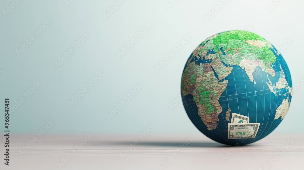 Poster global money flow concept - digital globe with currency transfer across continents in with copy spac