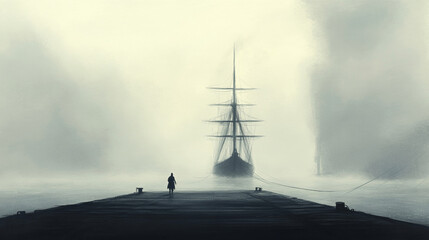 Fototapeta premium A lone figure walks toward a large ship shrouded in dense fog, evoking mystery and anticipation.