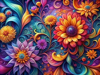 Abstract floral patterns dance with vivid colors, petal-like tendrils swirling and merging in a mesmerizing spectacle of iridescent beauty and delicate finesse.