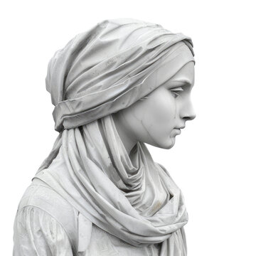 A marble statue of a young woman with a headscarf is elegantly posed against a transparent background.