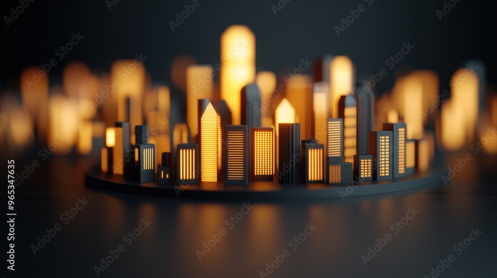 Poster illuminated financial hub in abstract digital world - with copy space and selective focus on foregro