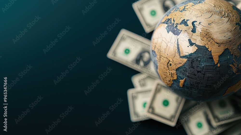Poster global currency symbols orbiting digital earth - with copy space and selective focus in