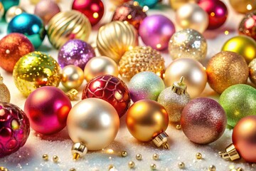 Vibrant, shimmering Christmas ornaments in assorted shapes and sizes scattered across a soft, creamy white background, evoking a festive holiday atmosphere and sparkling magic.
