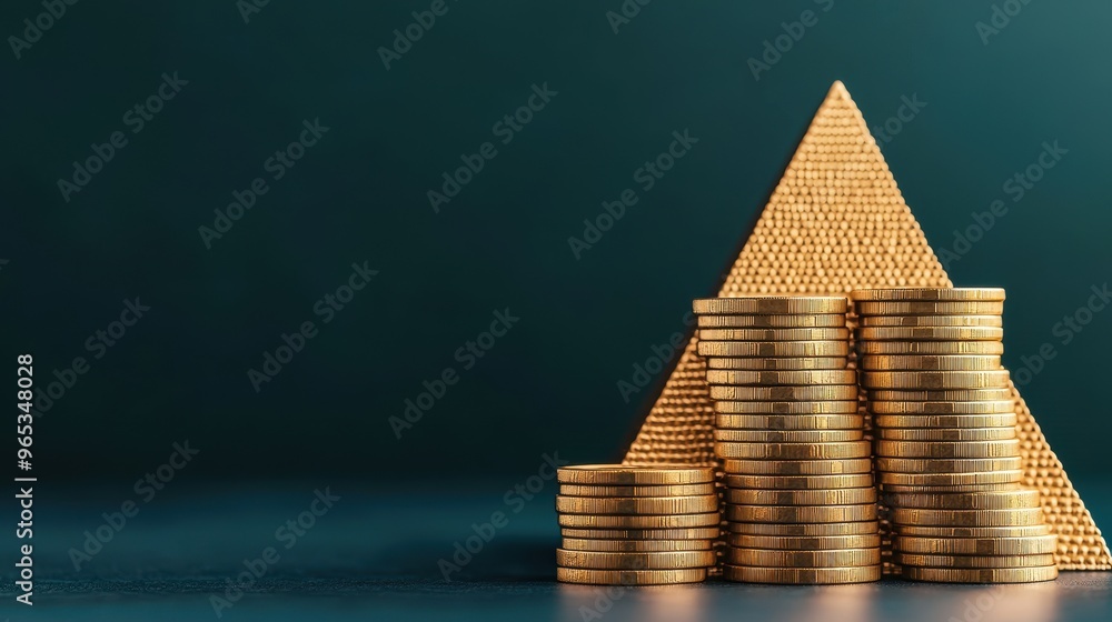 Poster glowing digital pyramid of golden coins in wealth hierarchy with copy space, selective focus and qua
