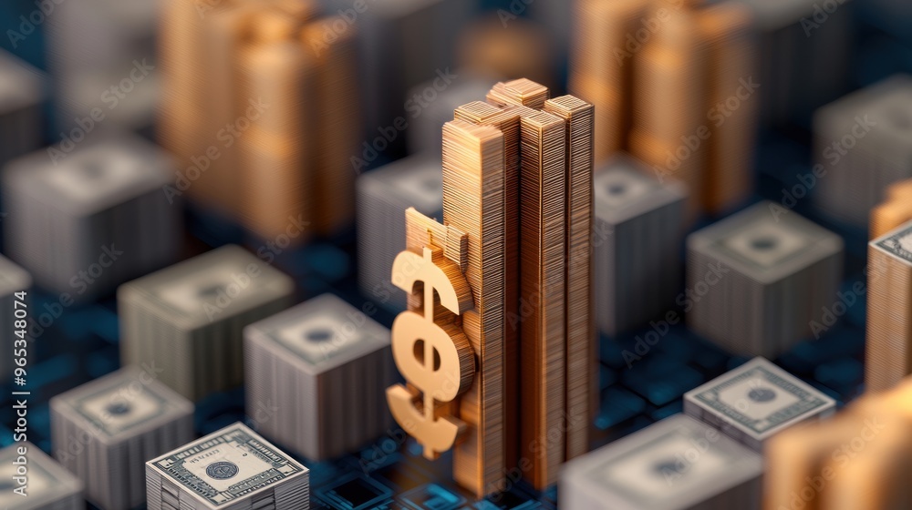 Poster illuminated currency symbols in digital landscape with copy space and selective focus - image