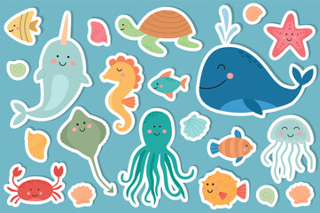 Set of cute stickers with sea animals. Vector illustration of cartoon ocean underwater characters. Blue isolated background
