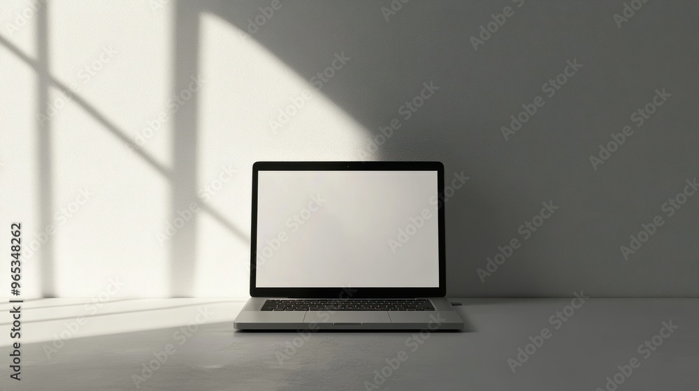 Poster Closed Laptop with Blank Screen on a White Table with Window Shadows