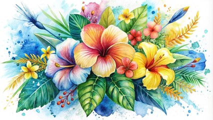 Vibrant tropical flowers, including hibiscus and plumeria, bloom in a whimsical watercolor illustration, surrounded by lush greenery and delicate splashes of blue and yellow.