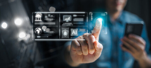 business man Fingerprint scanning and biometric authentication, cybersecurity and fingerprint password, future technology and cybernetics.