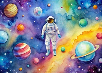 Naklejka premium Vibrant watercolor artwork depicts a lone astronaut floating in a swirling galaxy of pastel hues, surrounded by stars and planets in a whimsical cosmic scene.