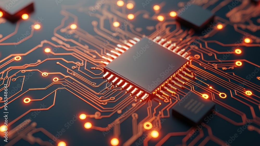 Aufkleber digital finance network - illuminated circuit board in space with copy space, selective focus, and
