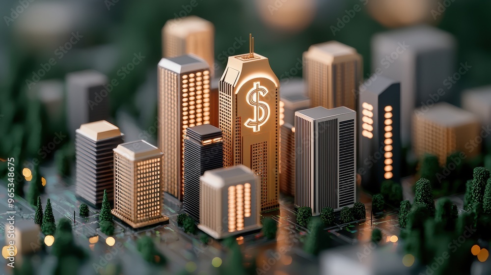 Aufkleber futuristic digital cityscape with floating currency symbols in - with copy space and selective focus