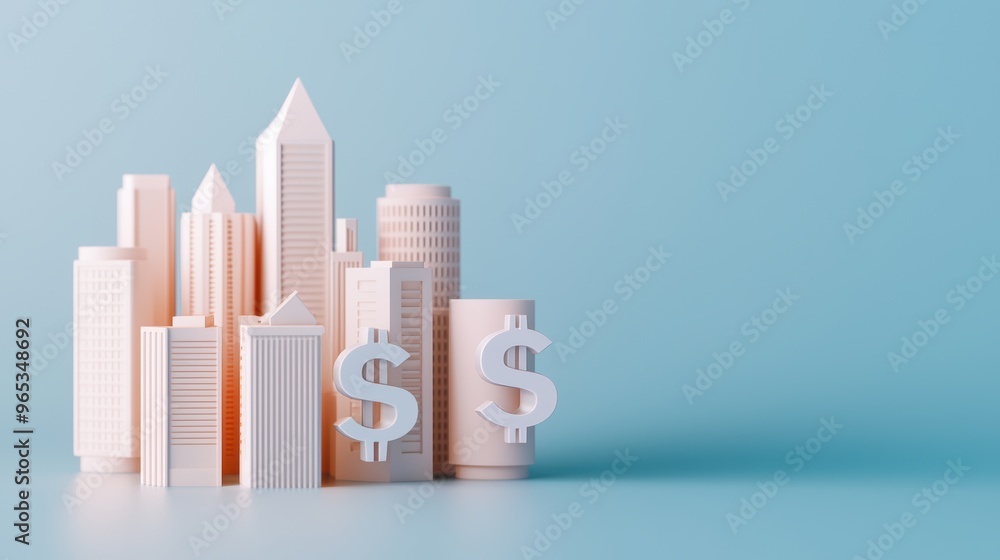 Poster Futuristic Digital Cityscape with Floating Currency Symbols - Abstract with Copy Space and Selective Focus