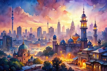 Obraz premium Vibrant watercolor depiction of a majestic cityscape at dusk, with delicate strokes and soft hues capturing the dreamy essence of urban architecture and serene atmosphere.
