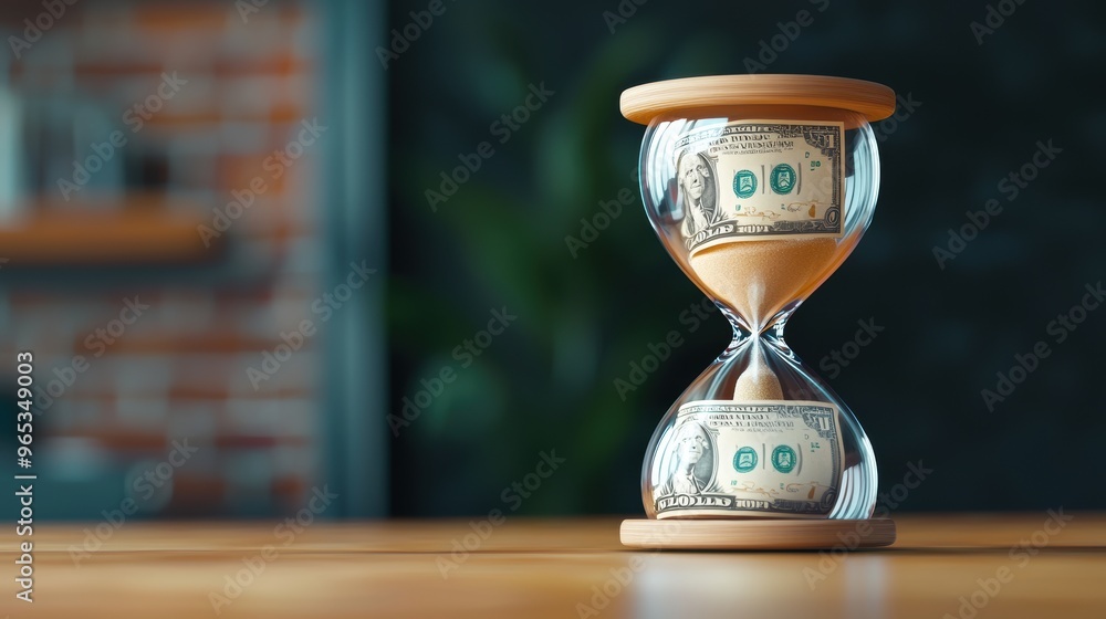 Poster digital hourglass concept with currency flowing in with copy space and selective focus on foreground